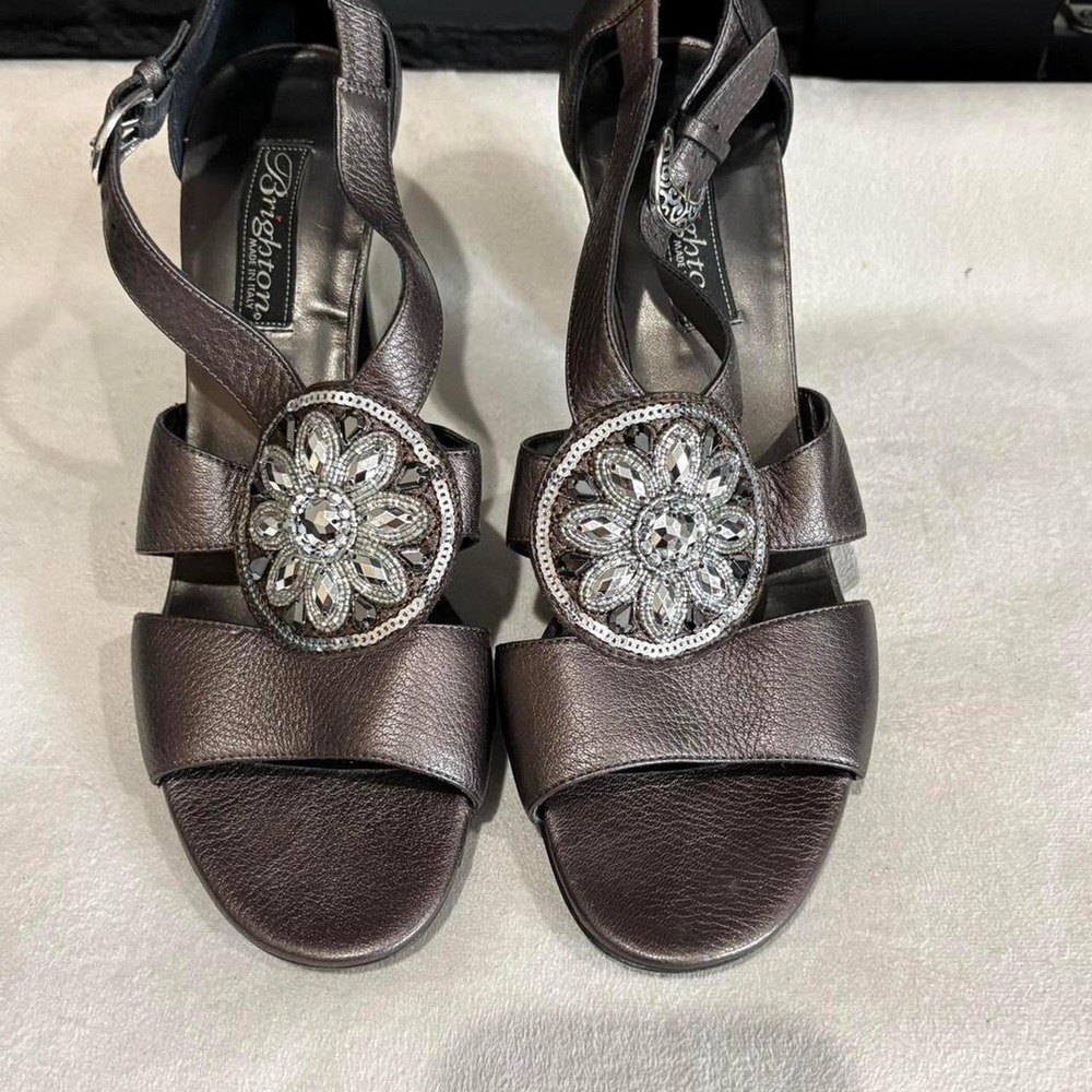 Brighton Sandals Women 9 Pewter Viva Platform Crystal Floral Medallion Italy